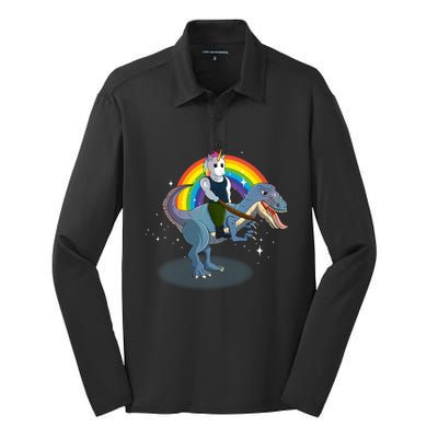 Unicorn Riding Dinosaur Rex Christmas Gift Birthday Gift Silk Touch Performance Long Sleeve Polo