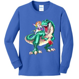 Unicorn Riding Dinosaur School Gift Kids Long Sleeve Shirt