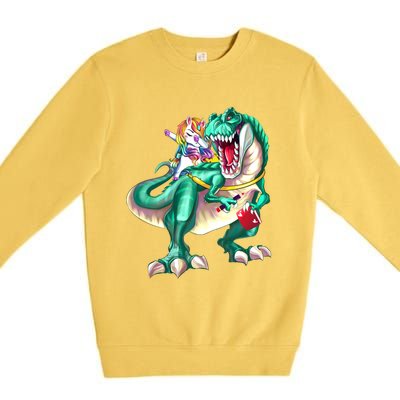 Unicorn Riding Dinosaur T Rex Funny School Meaningful Gift Premium Crewneck Sweatshirt