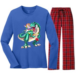 Unicorn Riding Dinosaur T Rex Funny School Meaningful Gift Women's Long Sleeve Flannel Pajama Set 