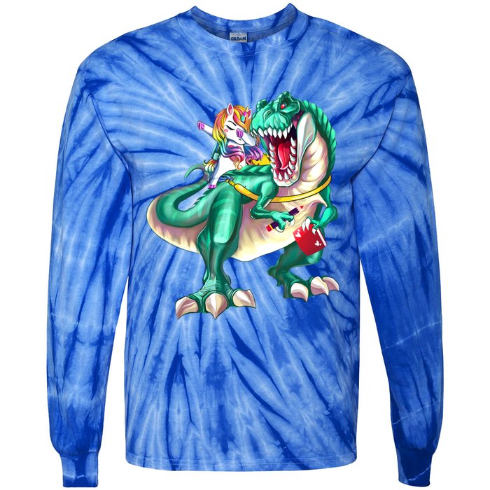 Unicorn Riding Dinosaur T Rex Funny School Meaningful Gift Tie-Dye Long Sleeve Shirt