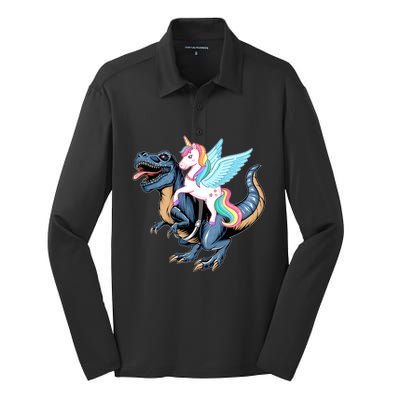 Unicorn Riding Dinosaur T Rex Gift Silk Touch Performance Long Sleeve Polo