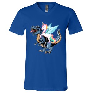 Unicorn Riding Dinosaur T Rex Gift V-Neck T-Shirt