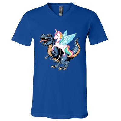 Unicorn Riding Dinosaur T Rex Gift V-Neck T-Shirt