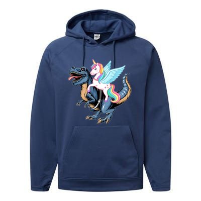 Unicorn Riding Dinosaur T Rex Gift Performance Fleece Hoodie