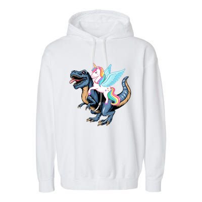 Unicorn Riding Dinosaur T Rex Gift Garment-Dyed Fleece Hoodie