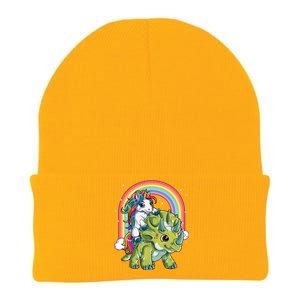 Unicorn Riding Dinosaur Triceratops Rainbow Knit Cap Winter Beanie