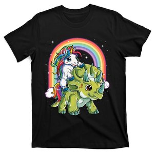 Unicorn Riding Dinosaur Triceratops Rainbow T-Shirt