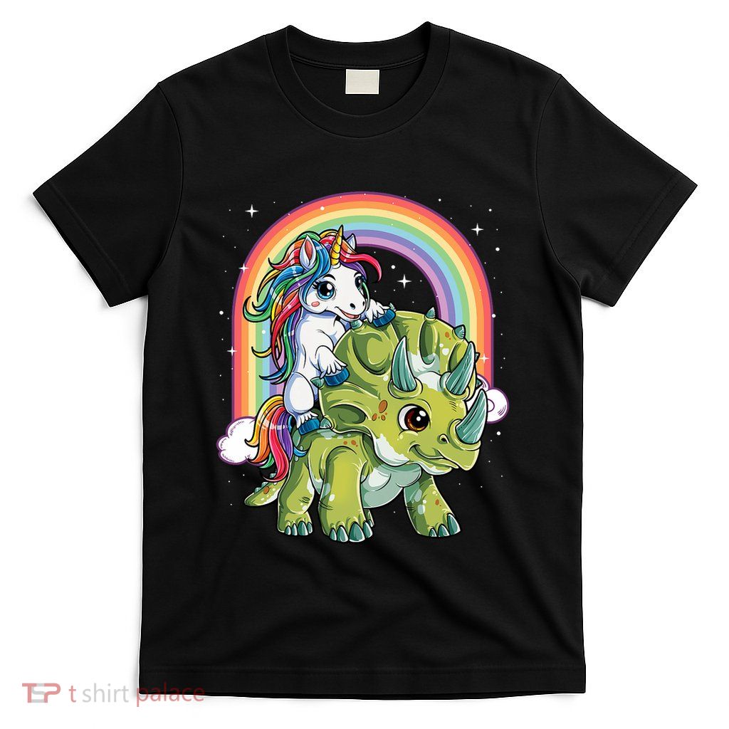 Unicorn Riding Dinosaur Triceratops Rainbow T-Shirt