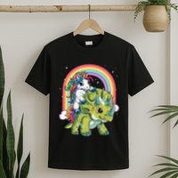 Unicorn Riding Dinosaur Triceratops Rainbow T-Shirt