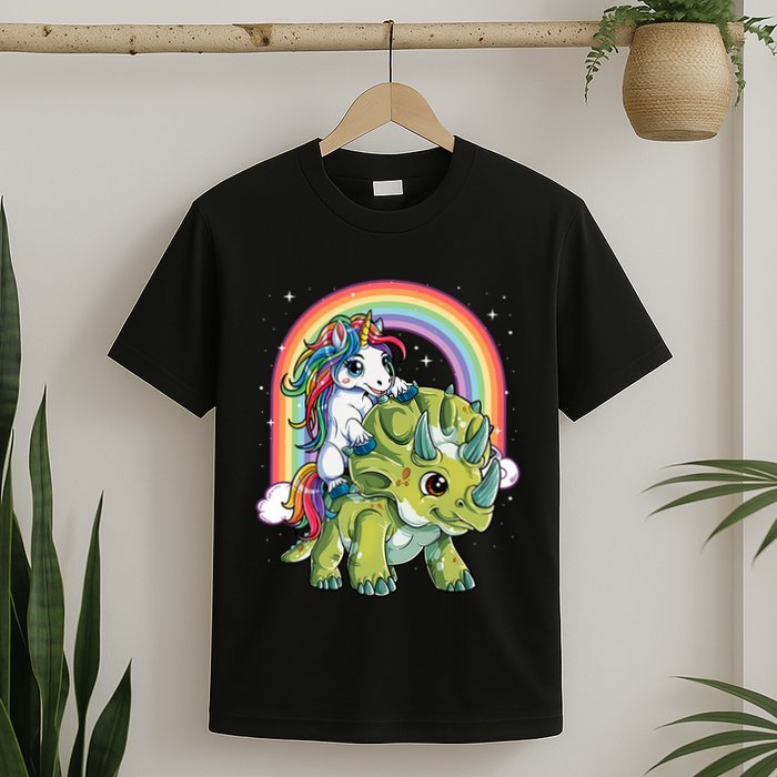 Unicorn Riding Dinosaur Triceratops Rainbow T-Shirt