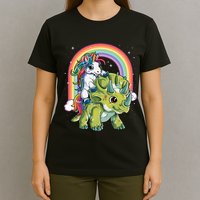Unicorn Riding Dinosaur Triceratops Rainbow T-Shirt