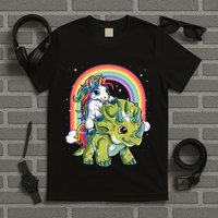 Unicorn Riding Dinosaur Triceratops Rainbow T-Shirt