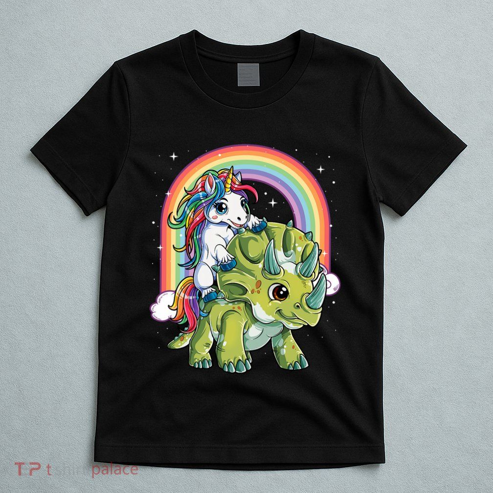 Unicorn Riding Dinosaur Triceratops Rainbow T-Shirt