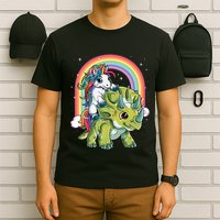 Unicorn Riding Dinosaur Triceratops Rainbow T-Shirt