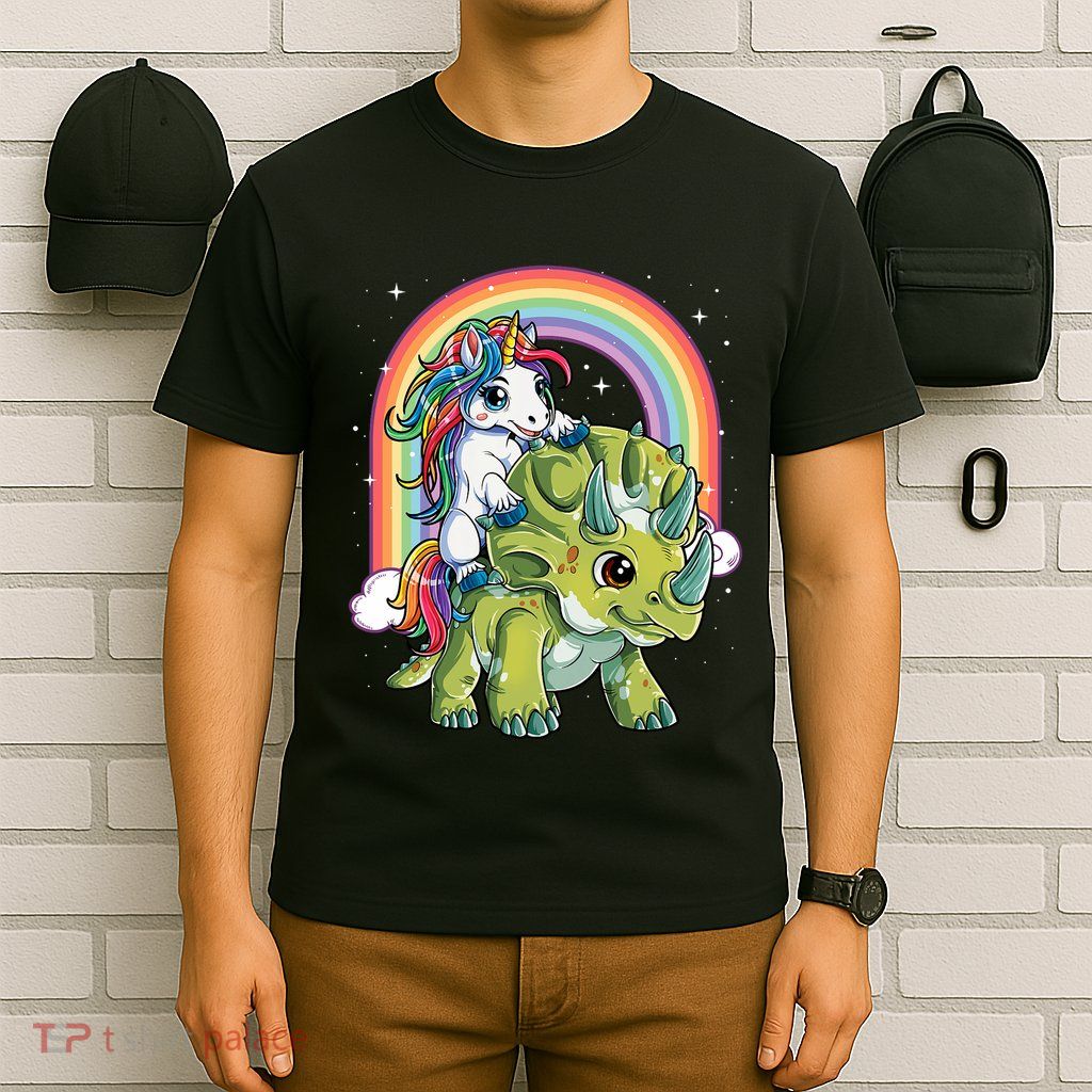 Unicorn Riding Dinosaur Triceratops Rainbow T-Shirt
