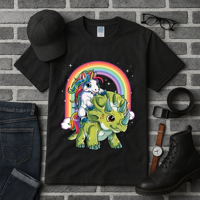 Unicorn Riding Dinosaur Triceratops Rainbow Tall T-Shirt
