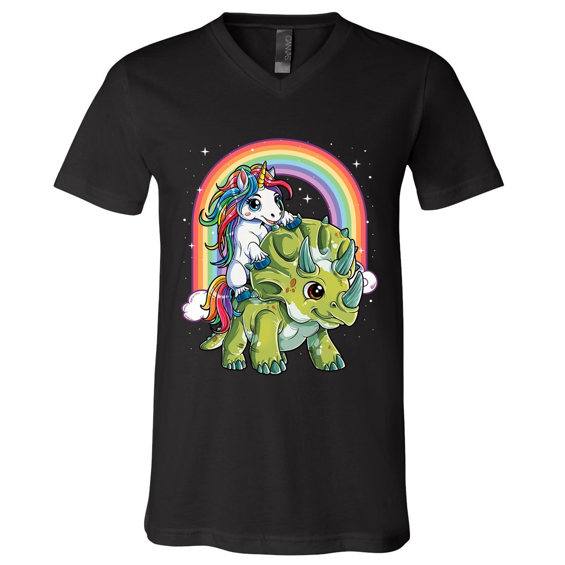 Unicorn Riding Dinosaur Triceratops Rainbow V-Neck T-Shirt