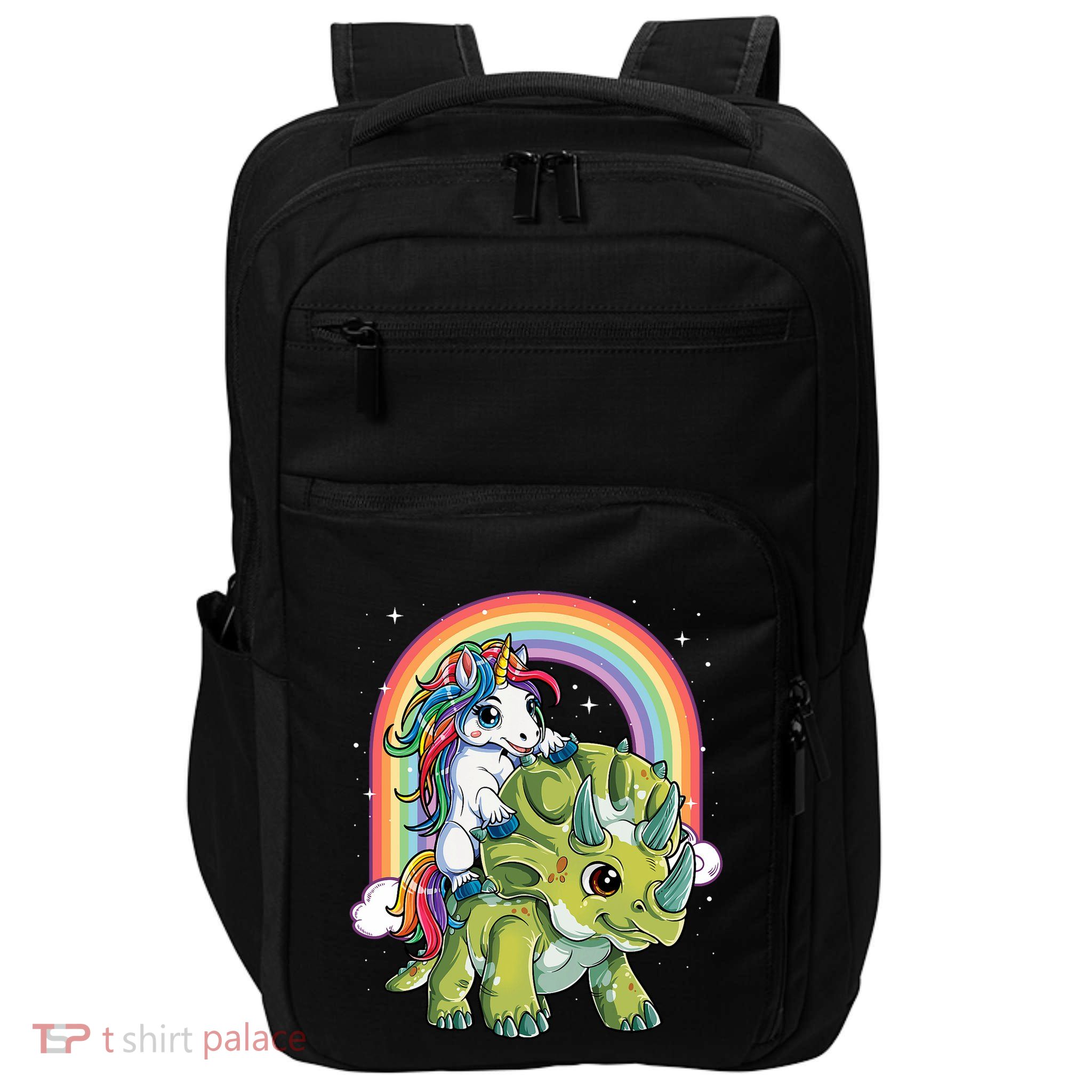 Unicorn Riding Dinosaur Triceratops Rainbow Impact Tech Backpack