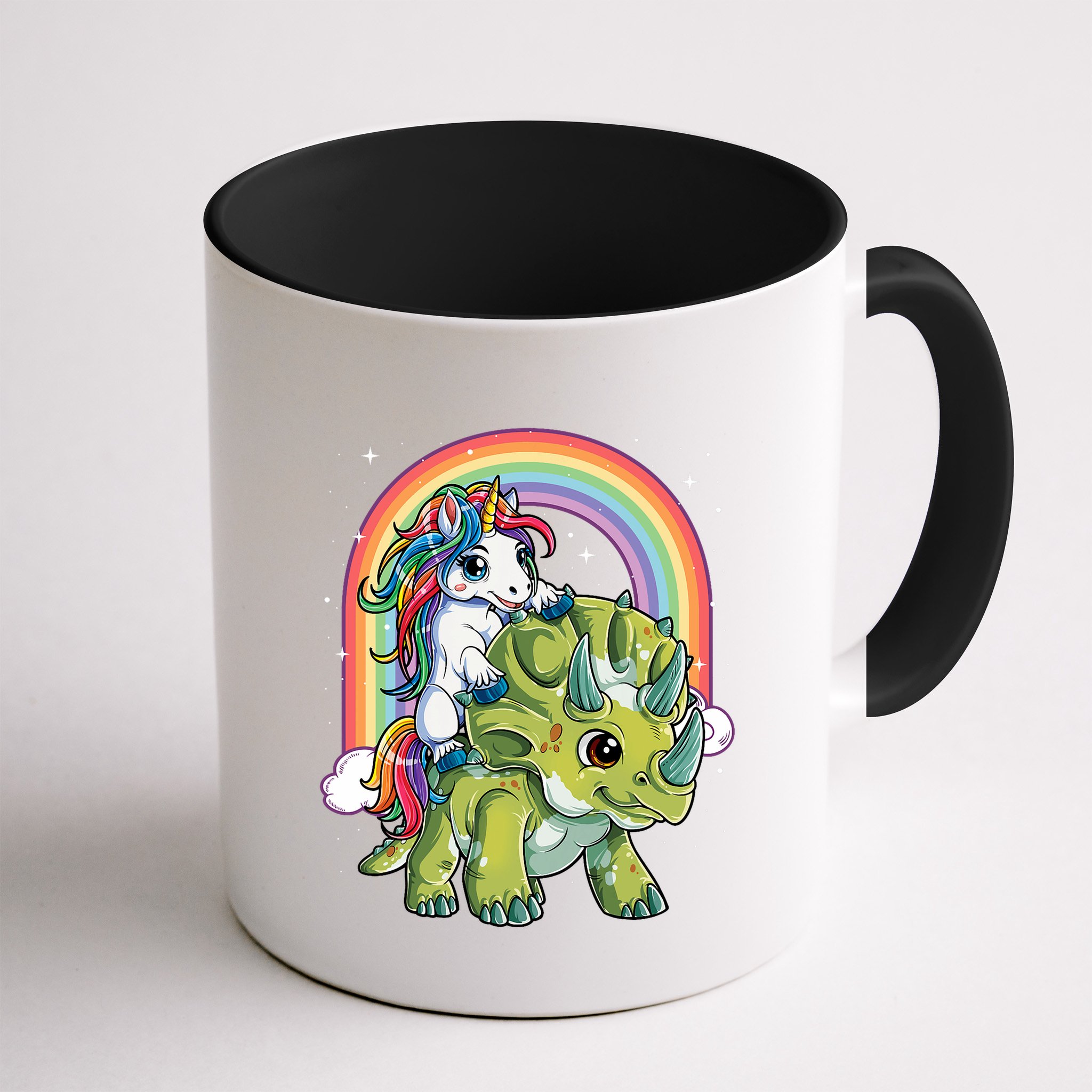 Unicorn Riding Dinosaur Triceratops Rainbow Mug