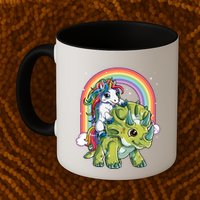 Unicorn Riding Dinosaur Triceratops Rainbow Mug