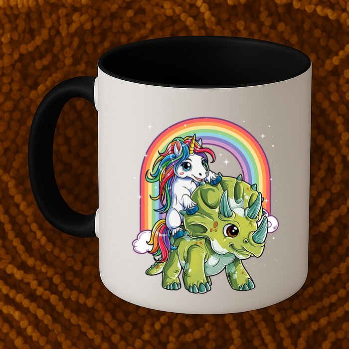 Unicorn Riding Dinosaur Triceratops Rainbow Mug