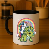 Unicorn Riding Dinosaur Triceratops Rainbow Mug