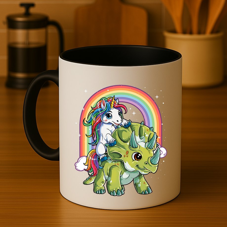 Unicorn Riding Dinosaur Triceratops Rainbow Mug
