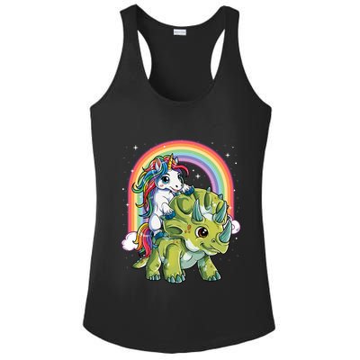 Unicorn Riding Dinosaur Triceratops Rainbow Ladies PosiCharge Competitor Racerback Tank