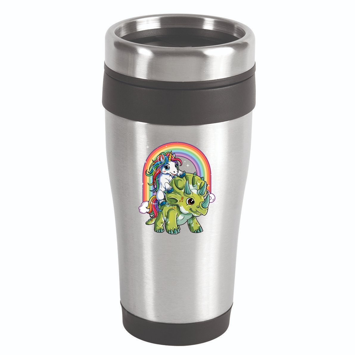 Unicorn Riding Dinosaur Triceratops Rainbow 16oz Travel Tumbler