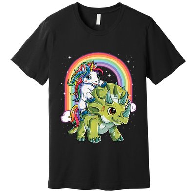 Unicorn Riding Dinosaur Triceratops Rainbow Premium T-Shirt