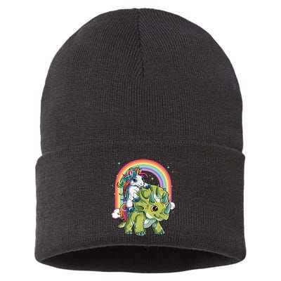 Unicorn Riding Dinosaur Triceratops Rainbow Sustainable Knit Beanie