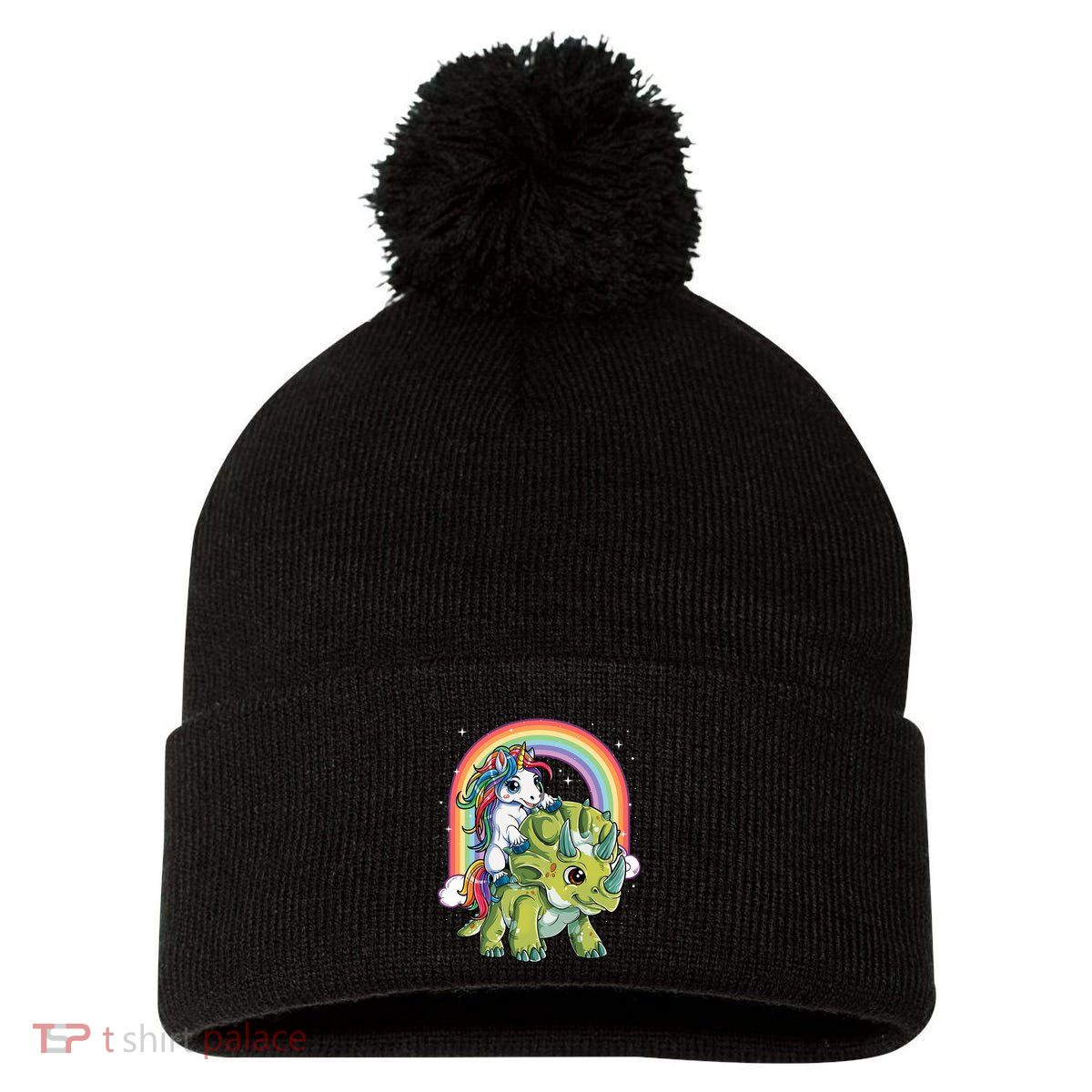 Unicorn Riding Dinosaur Triceratops Rainbow Pom Pom 12in Knit Beanie