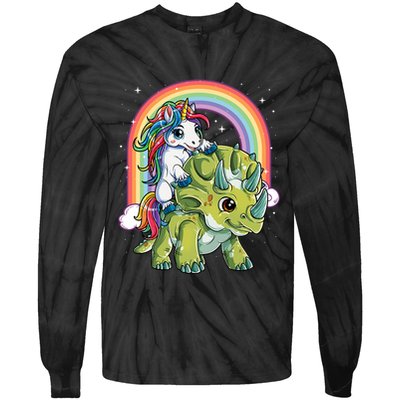 Unicorn Riding Dinosaur Triceratops Rainbow Tie-Dye Long Sleeve Shirt