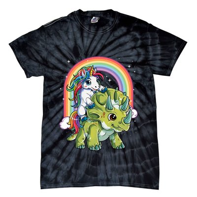 Unicorn Riding Dinosaur Triceratops Rainbow Tie-Dye T-Shirt