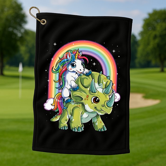 Unicorn Riding Dinosaur Triceratops Rainbow Golf Towel
