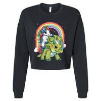 Unicorn Riding Dinosaur Triceratops Rainbow Cropped Pullover Crew