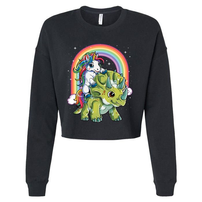 Unicorn Riding Dinosaur Triceratops Rainbow Cropped Pullover Crew
