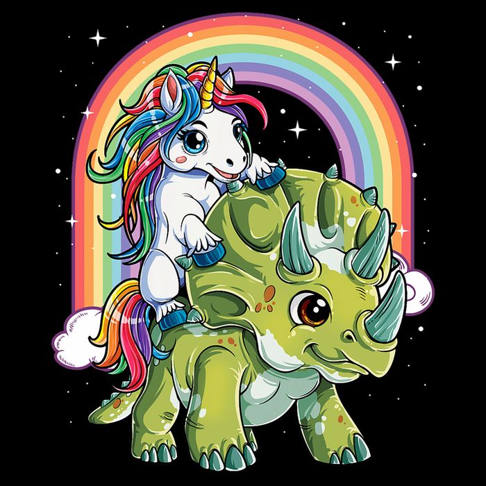 Unicorn Riding Dinosaur Triceratops Rainbow Cropped Pullover Crew