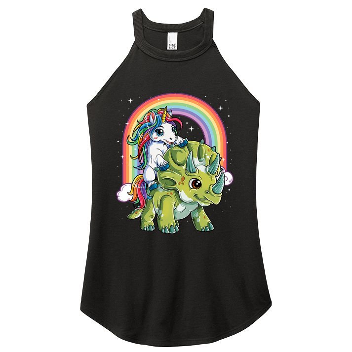 Unicorn Riding Dinosaur Triceratops Rainbow Women's Perfect Tri Rocker Tank