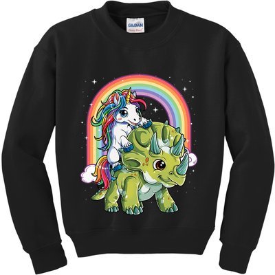 Unicorn Riding Dinosaur Triceratops Rainbow Kids Sweatshirt