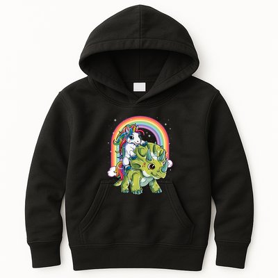 Unicorn Riding Dinosaur Triceratops Rainbow Kids Hoodie