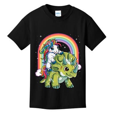 Unicorn Riding Dinosaur Triceratops Rainbow Kids T-Shirt