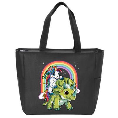 Unicorn Riding Dinosaur Triceratops Rainbow Zip Tote Bag