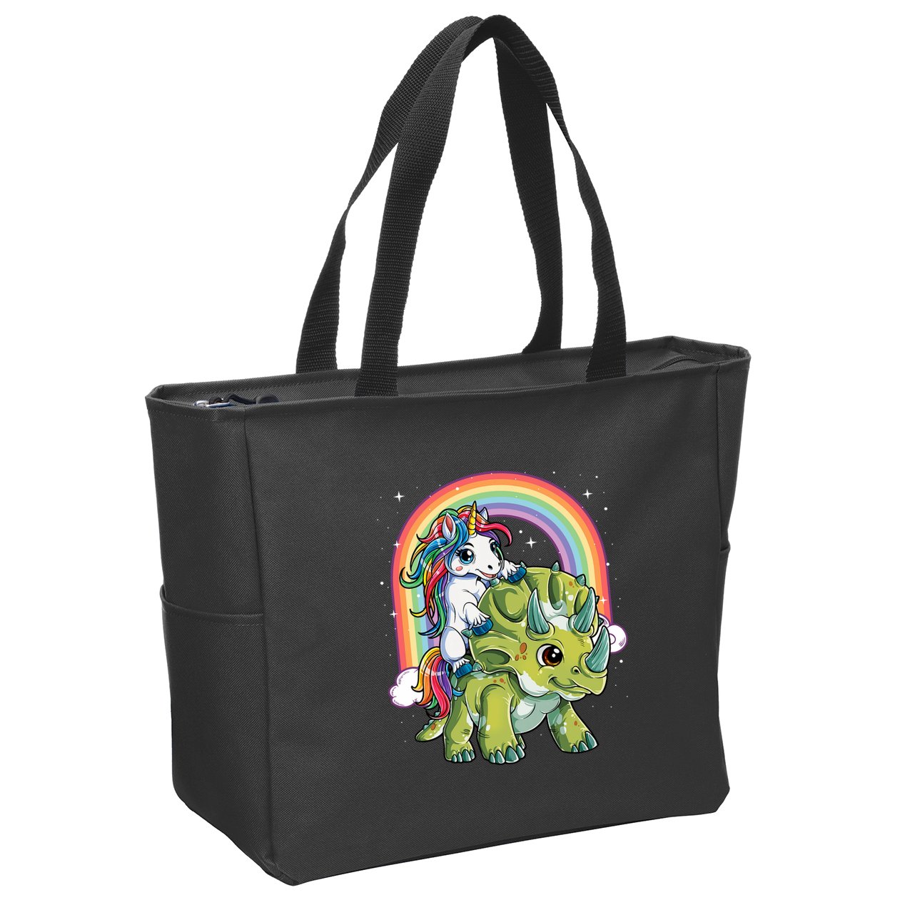 Unicorn Riding Dinosaur Triceratops Rainbow Zip Tote Bag
