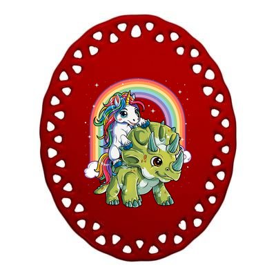 Unicorn Riding Dinosaur Triceratops Rainbow Ceramic Oval Ornament