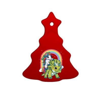 Unicorn Riding Dinosaur Triceratops Rainbow Ceramic Tree Ornament