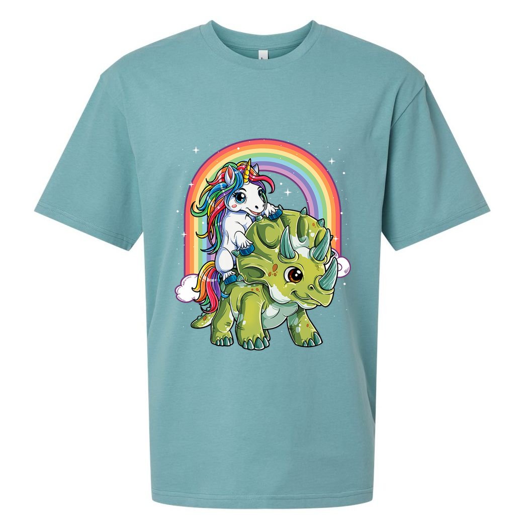Unicorn Riding Dinosaur Triceratops Rainbow Sueded Cloud Jersey T-Shirt