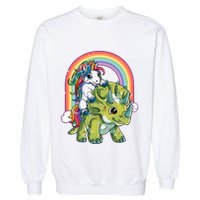 Unicorn Riding Dinosaur Triceratops Rainbow Garment-Dyed Sweatshirt