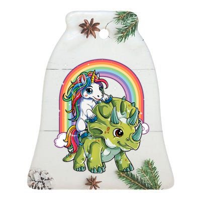 Unicorn Riding Dinosaur Triceratops Rainbow Ceramic Bell Ornament